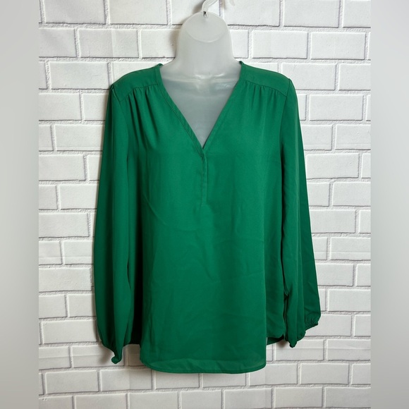 PLEIONE women v-neck long sleeve green blouse/size L - Picture 6 of 9